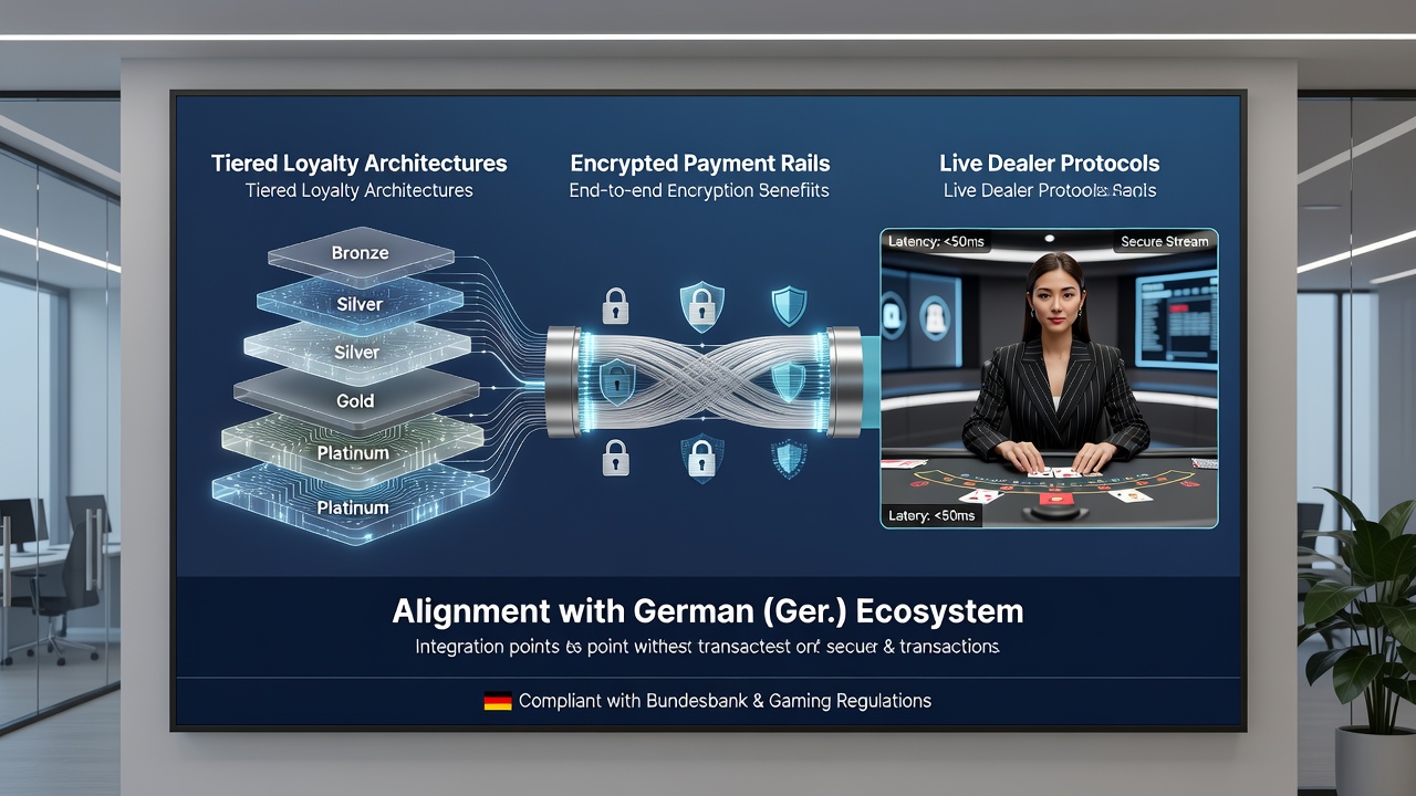 Illustration der Verbindung zwischen Live-Dealer-Streams und verschlüsselten Zahlungssystemen in lizenzierten deutschen Casinos